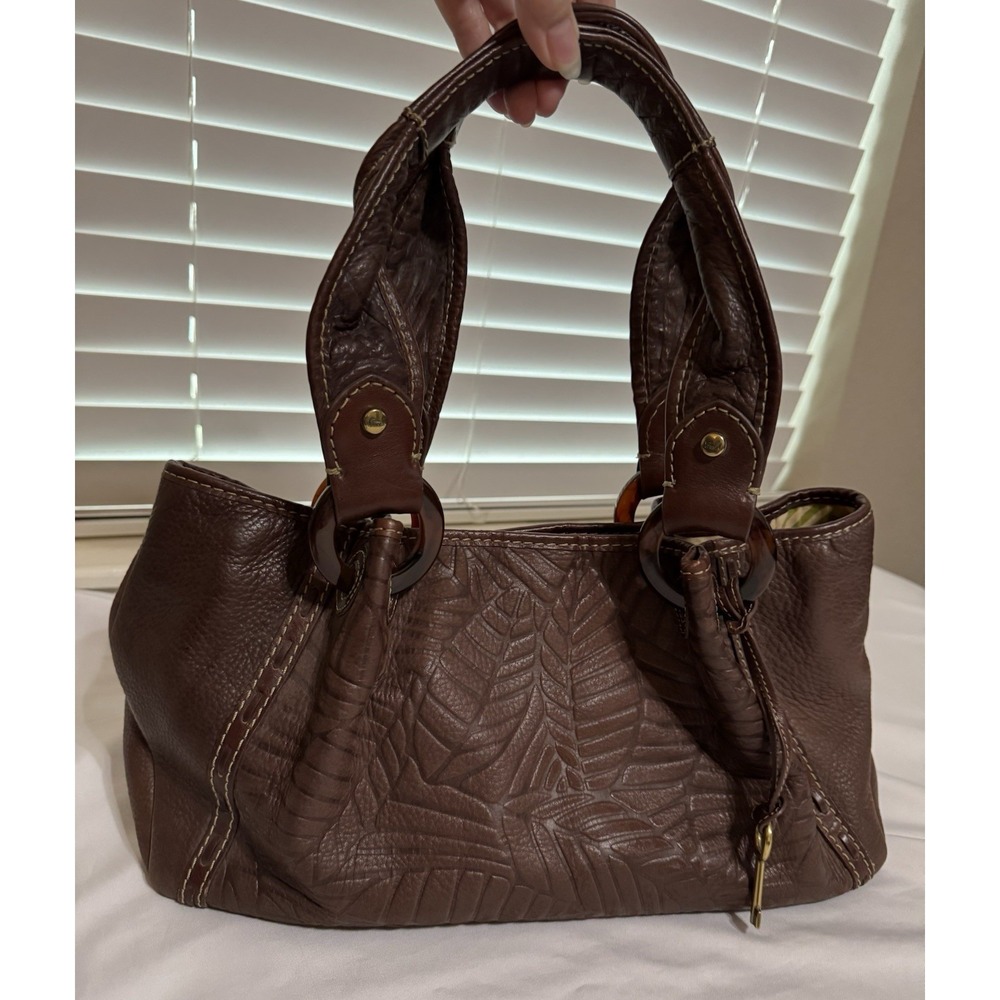 Fossil Brown Leather Embossed Palm Leaf Shoulder Handbag Purse Rustic Boho Chic